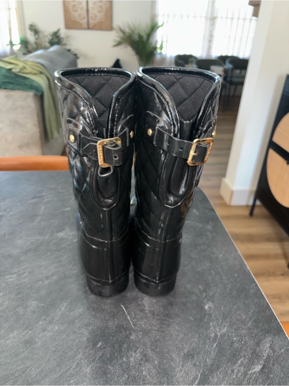 Hunter Black Quilted Rain Boots with Gold Buckles